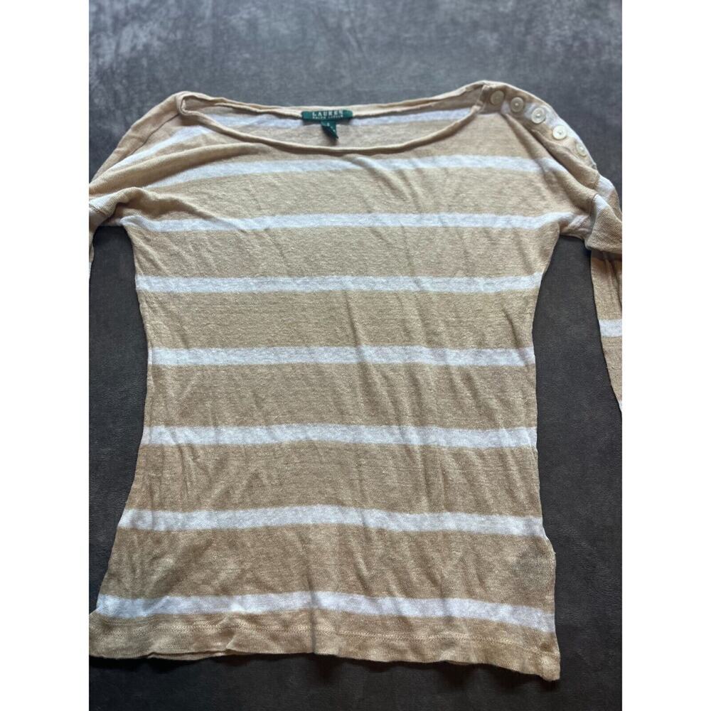Ralph Lauren WOMEN Small LONG SLEEVE SHIRT White Tan Knit Button Sleeves